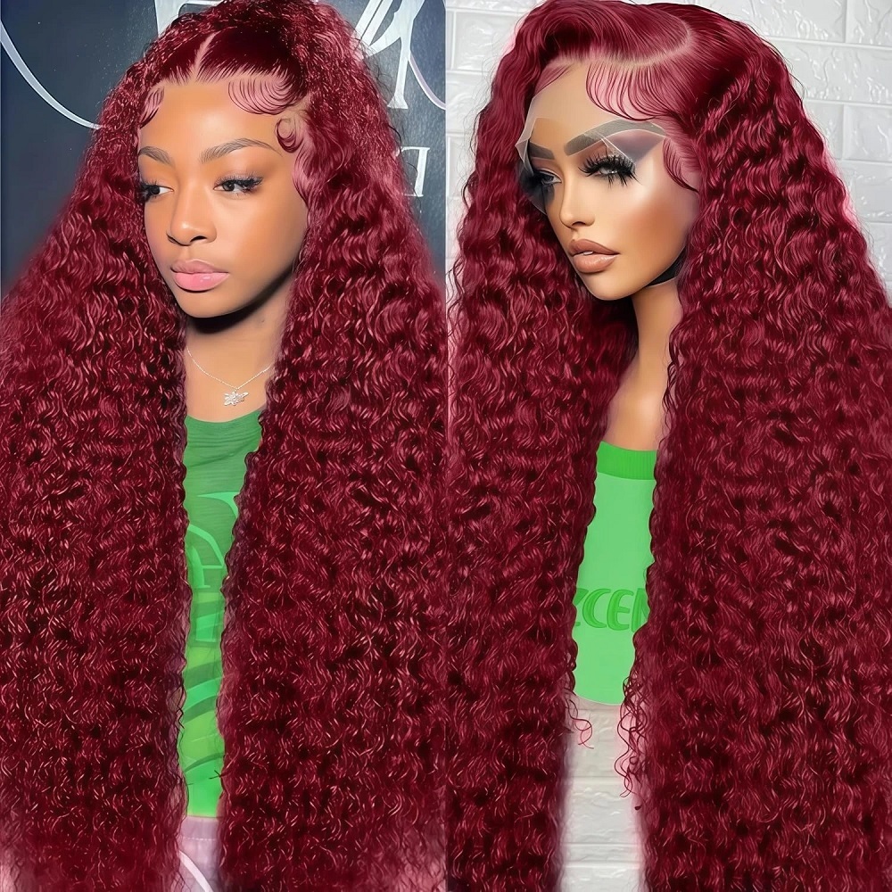 Lace Front Wig - วิกผมแท้สีเบอร์กันดี 99J แบบลอนลึก ความหนาแน่น 200 พร้อมเชือกผูกผมแบบใส
